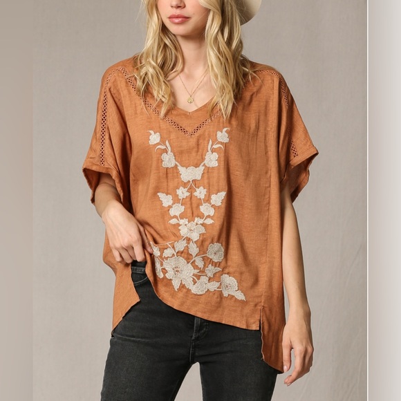By Together Tops - By Together Camel and Taupe Floral Embroidery Top